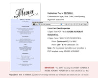 Wedding Menu Printable Template, Printable Menu, Menu Template, Dinner Menu Printable, PDF Instant Download #WM001 (PDF)