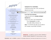 Navy Wedding Menu Printable Template, Printable Menu, Menu Template, Dinner Menu Printable, PDF Instant Download #WM016 (PDF)