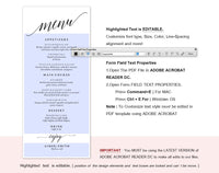 Wedding Menu Printable Template, Printable Menu Template, Menu Template, Dinner Menu Printable Template, PDF Instant Download #WM010 (PDF)