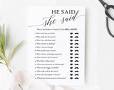 He Said, She Said, Bridal Shower Game, Wedding Shower Ideas, Bridal Shower Ideas, Printable, DIY, PDF Instant Download #BSG001 (PDF)