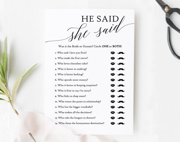 He Said, She Said, Bridal Shower Game, Wedding Shower Ideas, Bridal Shower Ideas, Printable, DIY, PDF Instant Download #BSG001 (PDF)