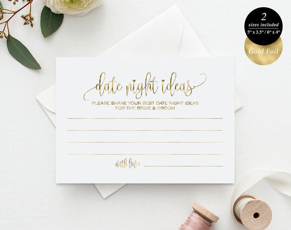 Gold Date Night Ideas Card, Date Night Card, Wedding Advice Card, Wedding Advice Printable, Marriage Advice, Instant Download #A012 (PDF)