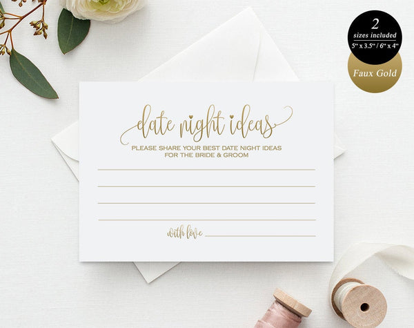 Gold Date Night Ideas Card, Date Night Card, Wedding Advice Card, Wedding Advice Printable, Marriage Advice, Instant Download #A008 (PDF)