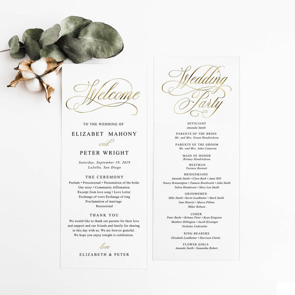 Online Gold Classic Elegant Wedding Program Printable Template, Printable Program, Wedding Printable, Wedding Template, PDF JEPG PNG #P020